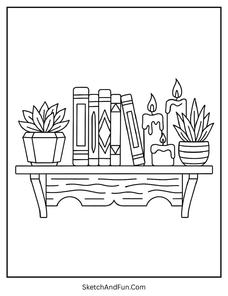 Books and plants on wooden shelf for aesthetic coloring pages for beginners.