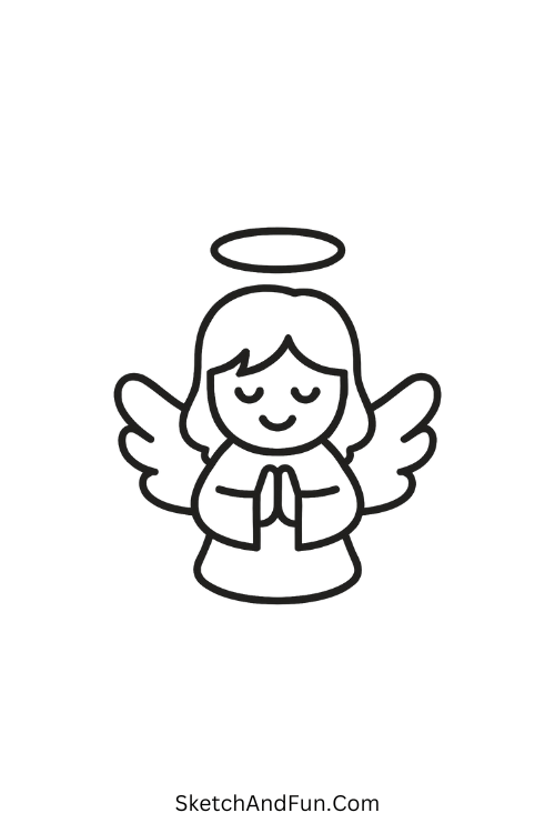 Christmas angel drawing ideas featuring an angel with halo and wings.