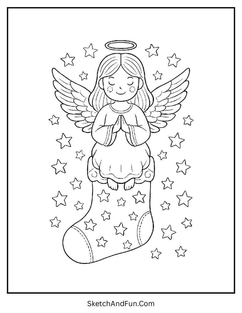Angel Stocking – Christmas stocking coloring template printable with angel wings and shining stars.