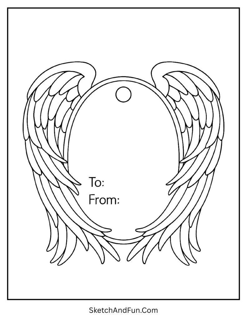 Christmas gift tag colouring pages with to/from featuring angel wings.