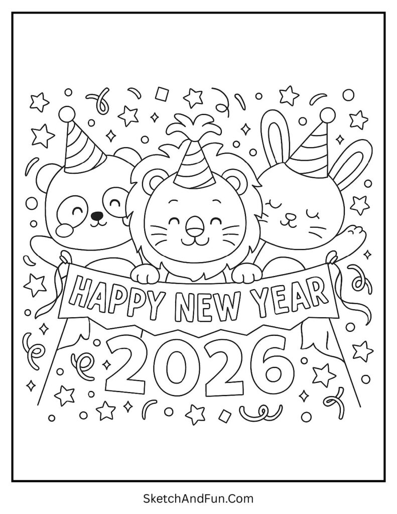 Cute animal friends banner – new year coloring book pages printable