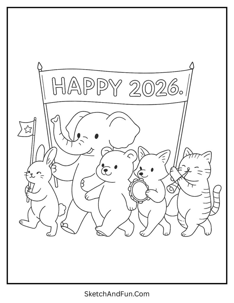 Animal parade with flags – new year balloon coloring pages printable