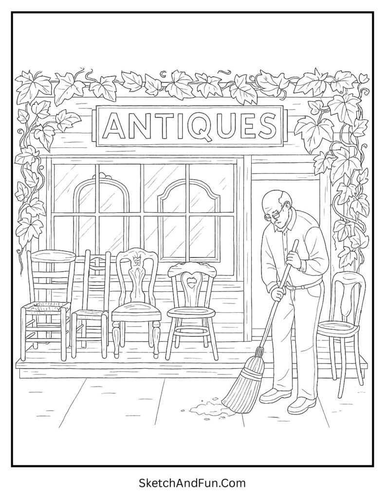 Antique furniture store with ivy and mirrors for storefront coloring sheet free download.