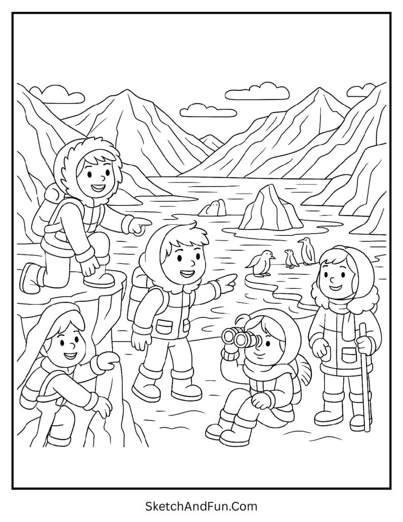 Kids exploring icy cliffs for winter themed coloring pages.