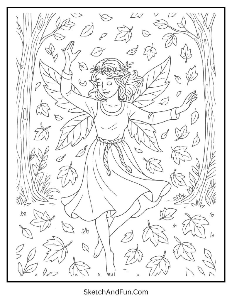 Fairy twirling with golden leaves in forest for fairy garden coloring pages printable.