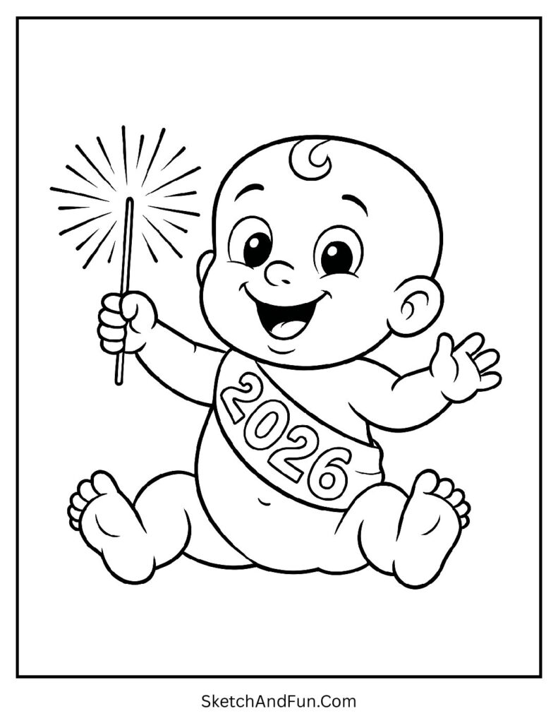 Baby with 2026 sash – new year coloring pages download pdf