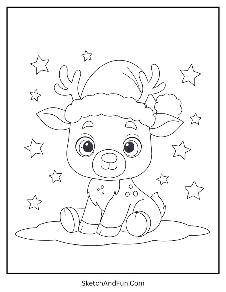 Baby reindeer in snow wearing Santa hat – cute reindeer coloring pages