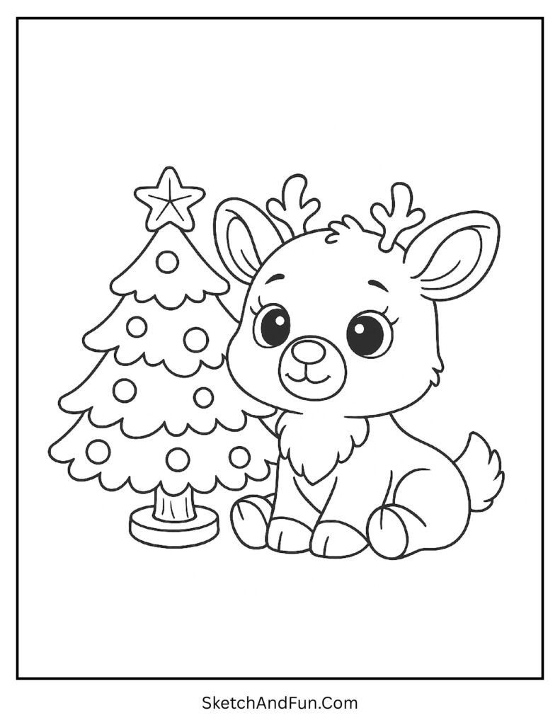 Baby Rudolph with tiny antlers beside tree from joyful rudolph coloring pages with santa.