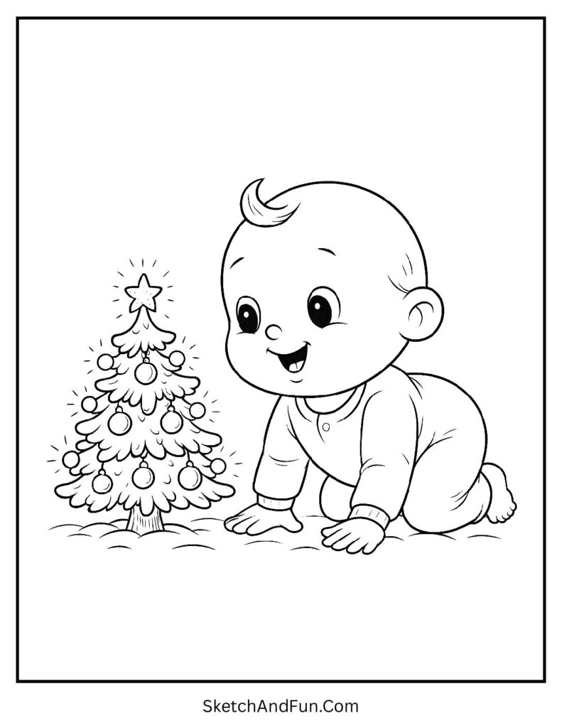 Baby near tiny glowing tree for christmas tree coloring page for toddlers.