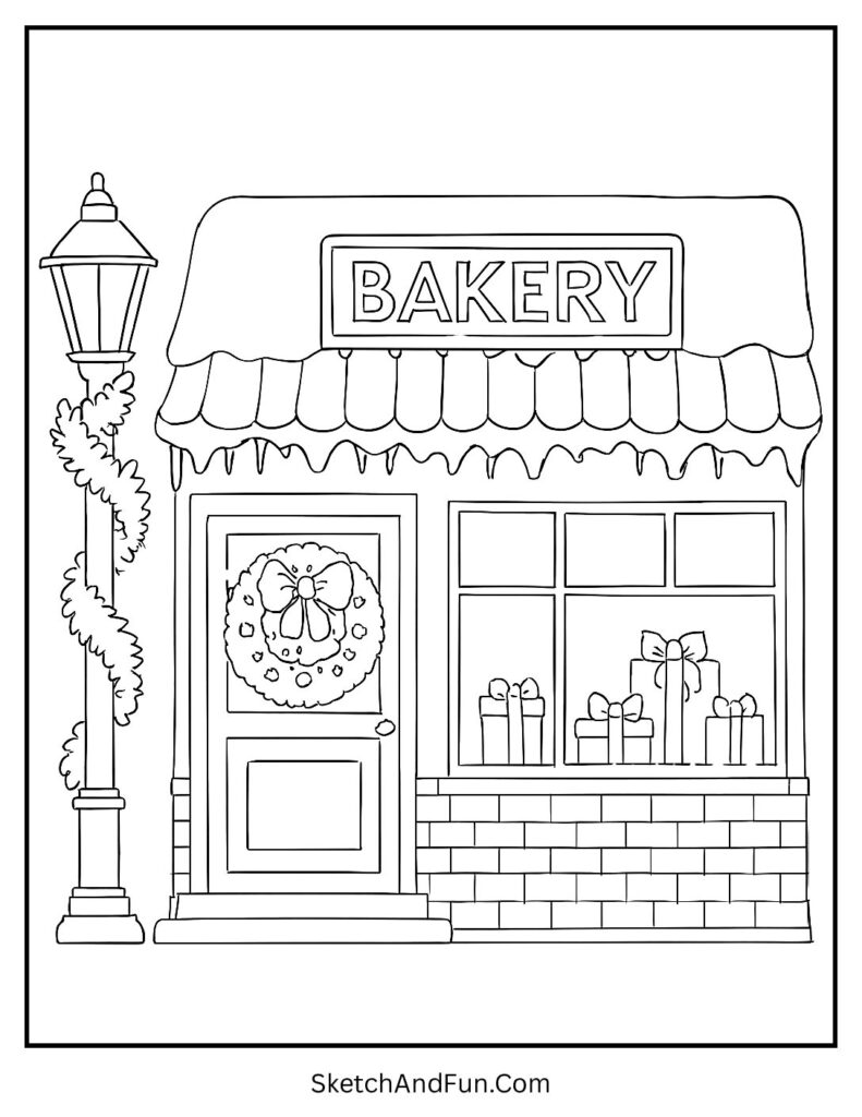 Christmas bakery with snow and wreaths for holiday storefront coloring pages.