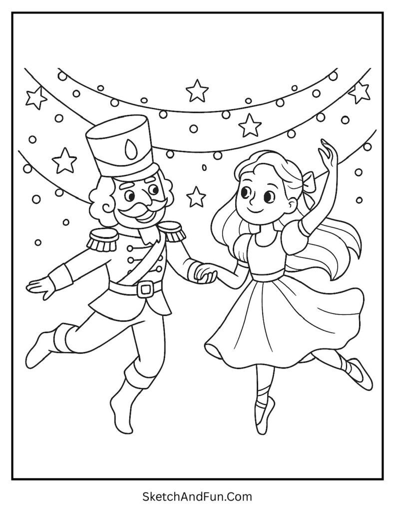 Clara dancing with Nutcracker under lights from nutcracker coloring pages for kids.