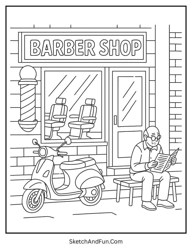 Busy street barber shop with motorbike for storefront coloring pages for adults.
