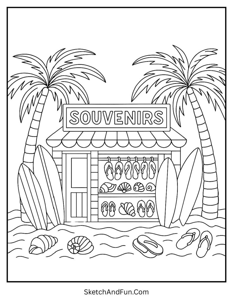 Beach souvenir shop with seashells and palm trees for printable storefront coloring sheets.