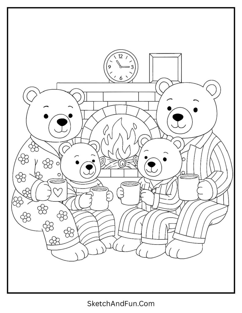 Bear family in pajamas from cozy coloring pages kawaii style