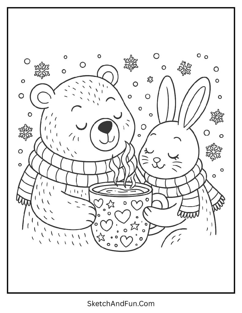 Bear and bunny drinking cocoa for winter coloring pages for toddlers.