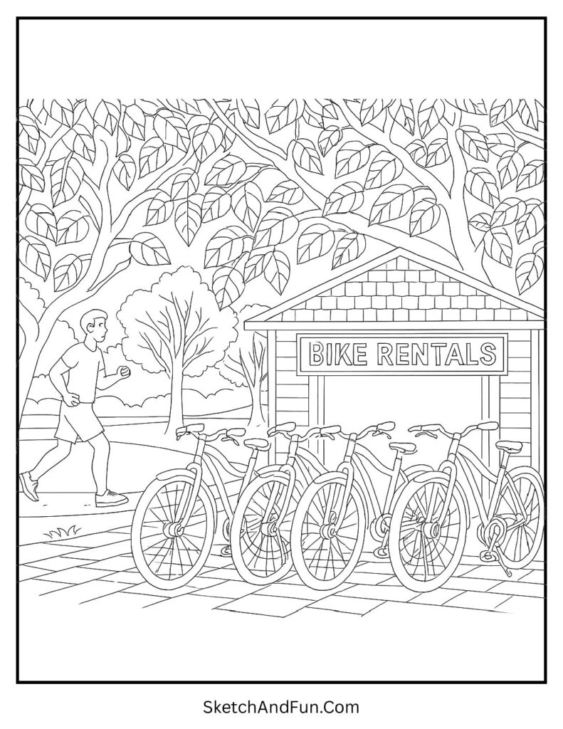 Bike rental shop coloring page near park with trees and jogger passing by