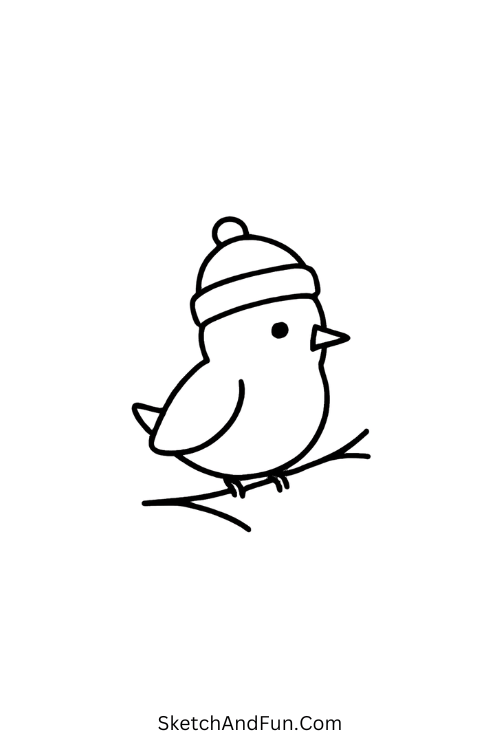 Christmas drawing prompts of a tiny winter bird on a branch.