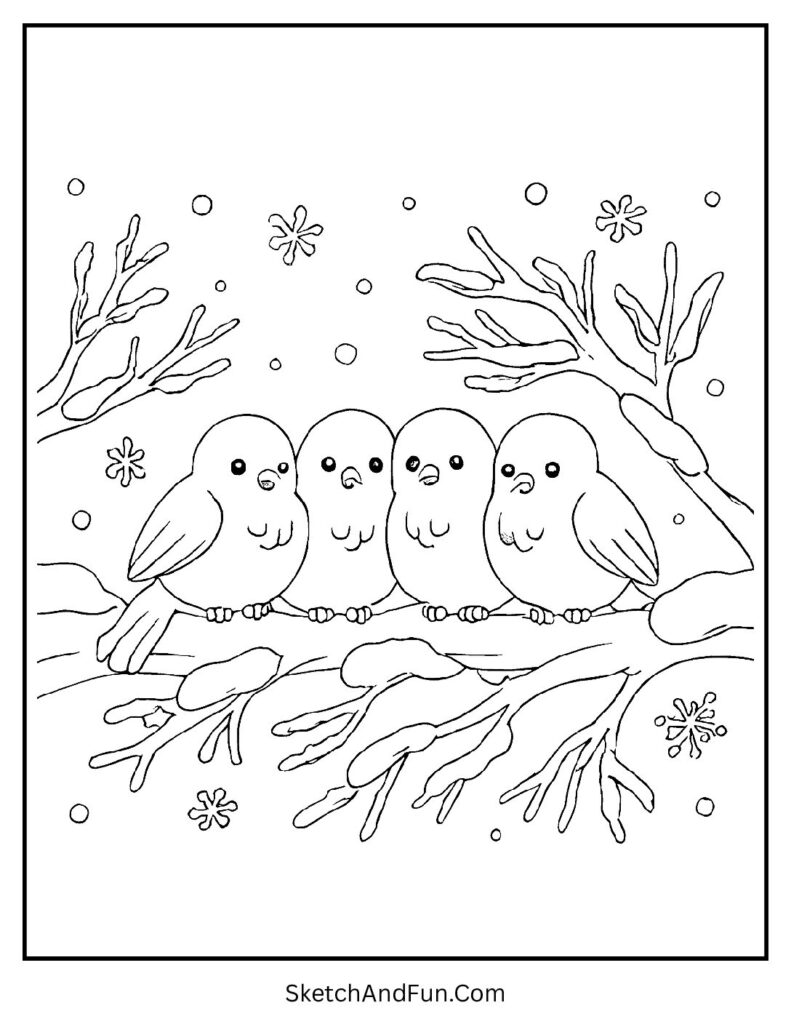 Birds perched on frosty branch for winter coloring pages for teens.