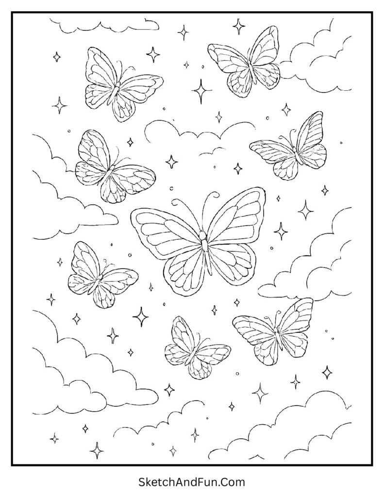 Gentle butterfly scene with clouds and sparkles for aesthetic coloring pages for adults.