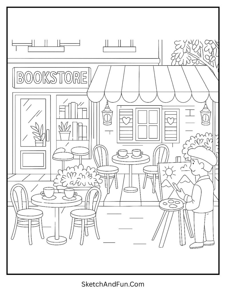 Café and bookstore coloring page with canopy tables and artist nearby
