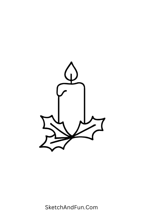 Holiday drawing ideas Christmas showing a candle with holly leaves.