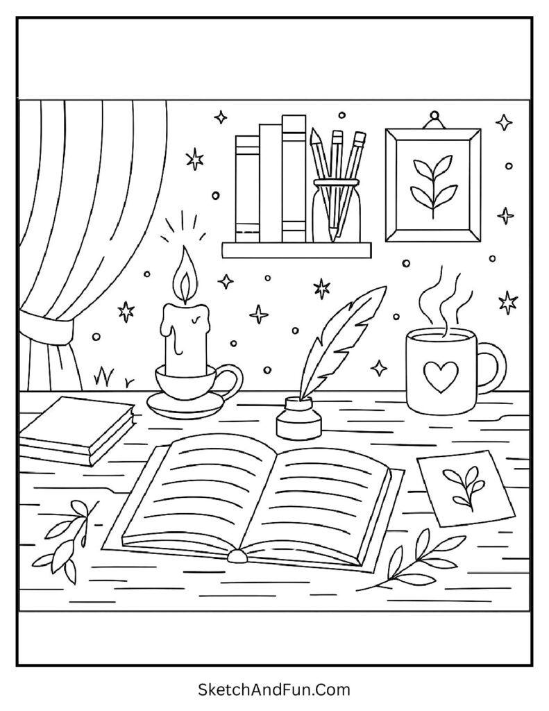 Candlelit writing desk for aesthetic coloring pages monochrome.
