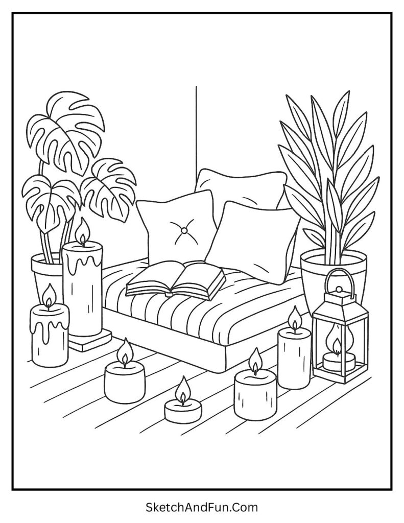 Candle corner reading spot in cozy coloring pages relaxing scenes