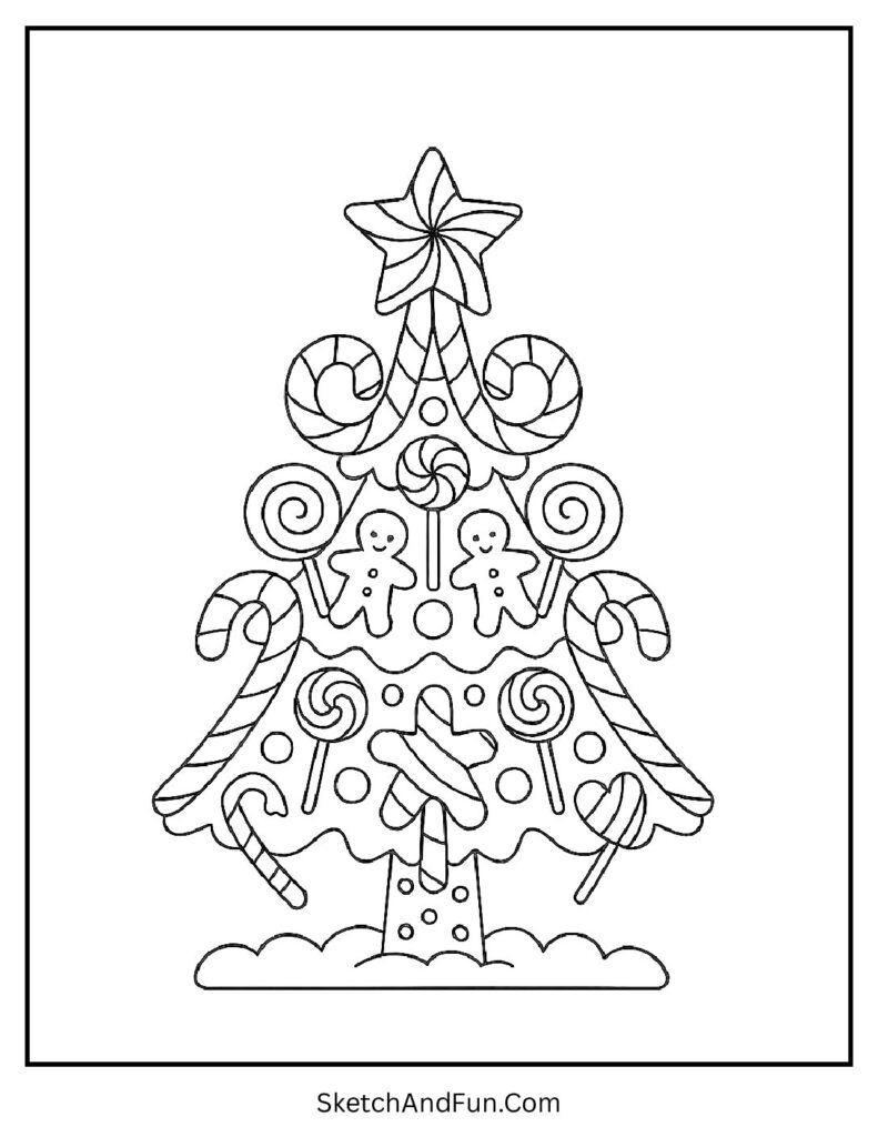 Candy cane shaped tree design for christmas tree coloring worksheets.
