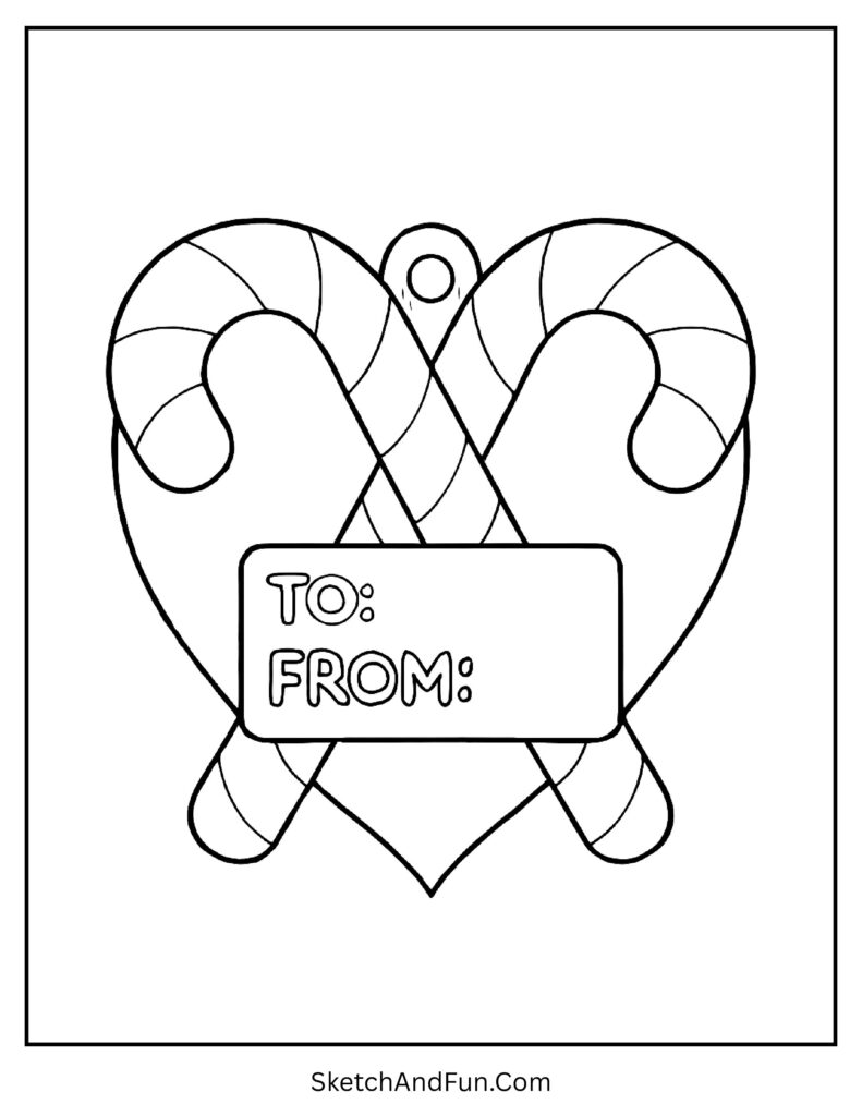Christmas gift tag coloring pages for preschool with candy cane heart.