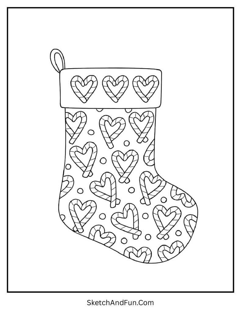 Candy Cane Heart Stocking – large Christmas stocking coloring pages with candy canes shaped hearts.