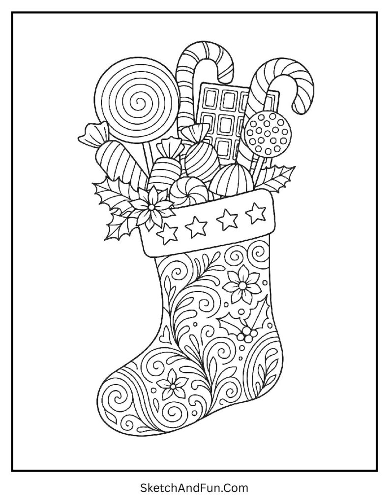 Candy Wonderland Stocking – Christmas stocking coloring pages pdf filled with candies and chocolates.