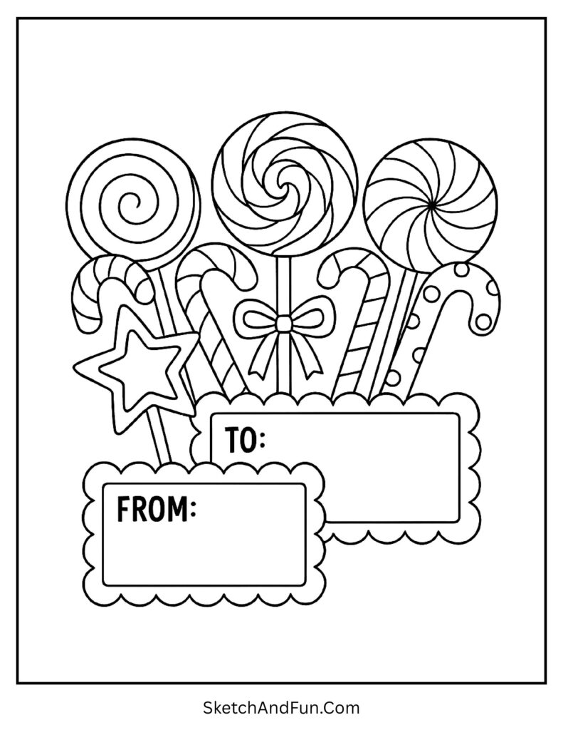 Free printable Christmas gift tag coloring pages filled with sweets.