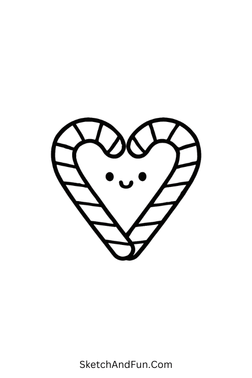 Two candy canes shaped like a heart, fun and simple Christmas drawing idea.
