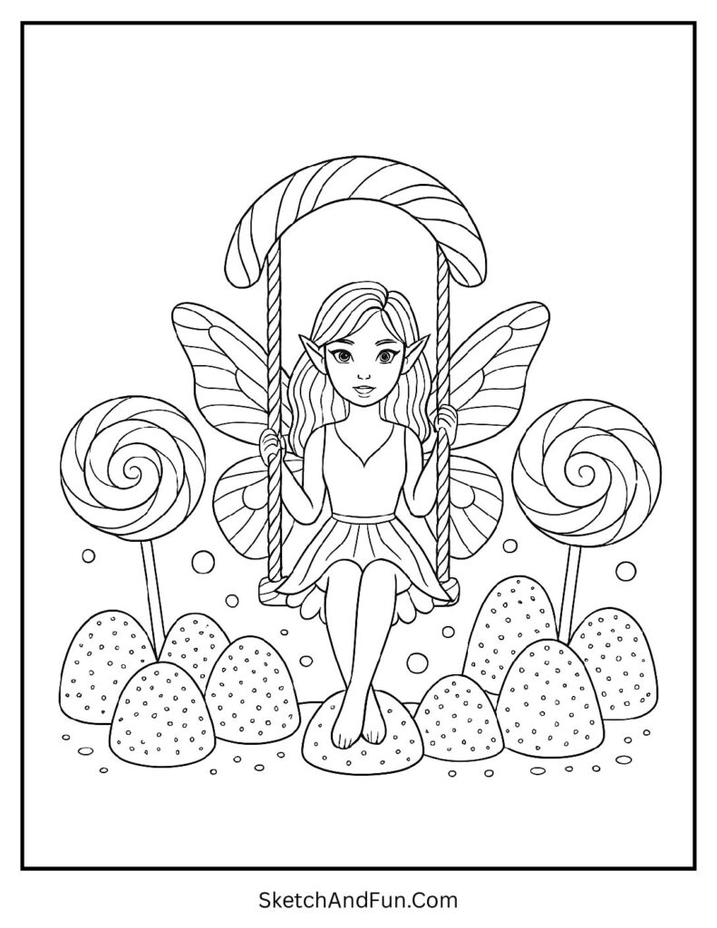 Fairy on candy swing surrounded by sweets for flower fairy coloring pages easy.