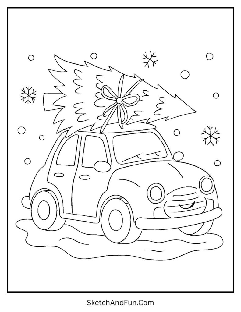 Car with Christmas tree on roof for winter holiday coloring sheet.