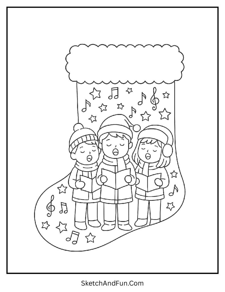 Carol Singing Stocking – Christmas stocking mandala coloring page with kids singing carols.