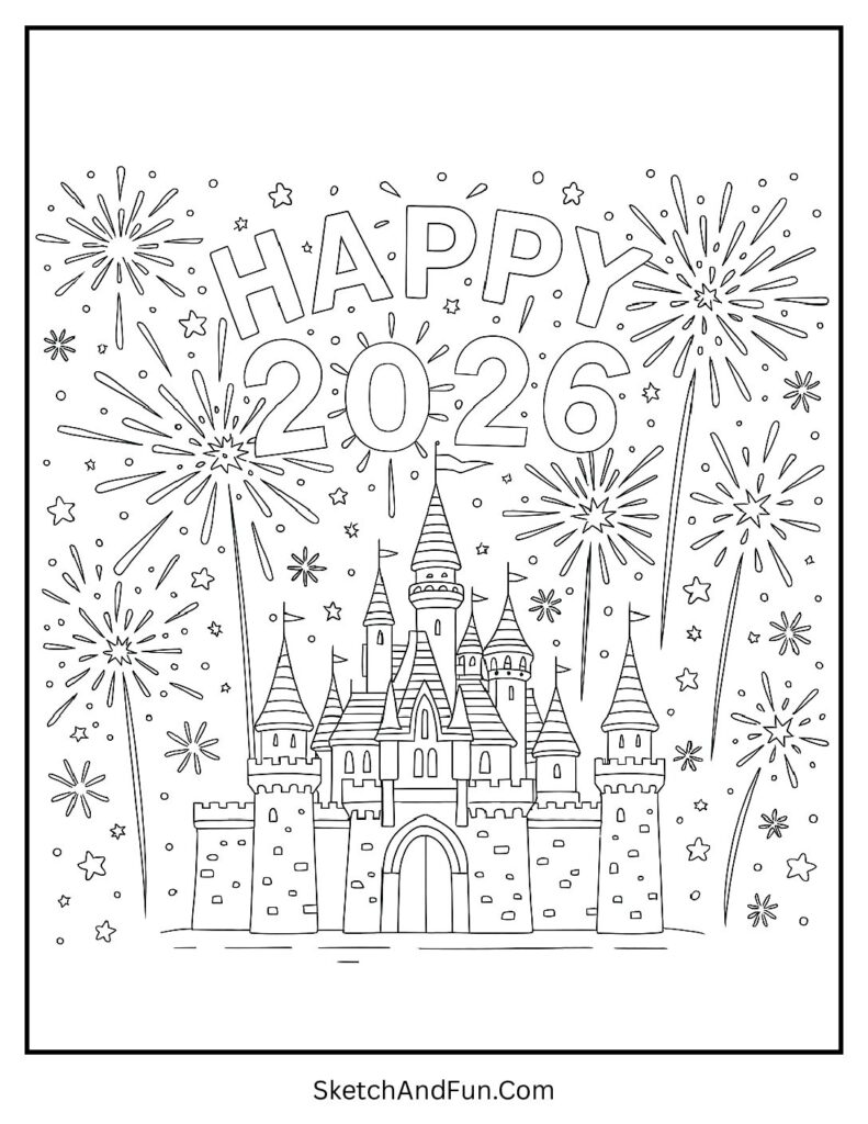 Castle under fireworks – new year coloring pages winter scene free printable
