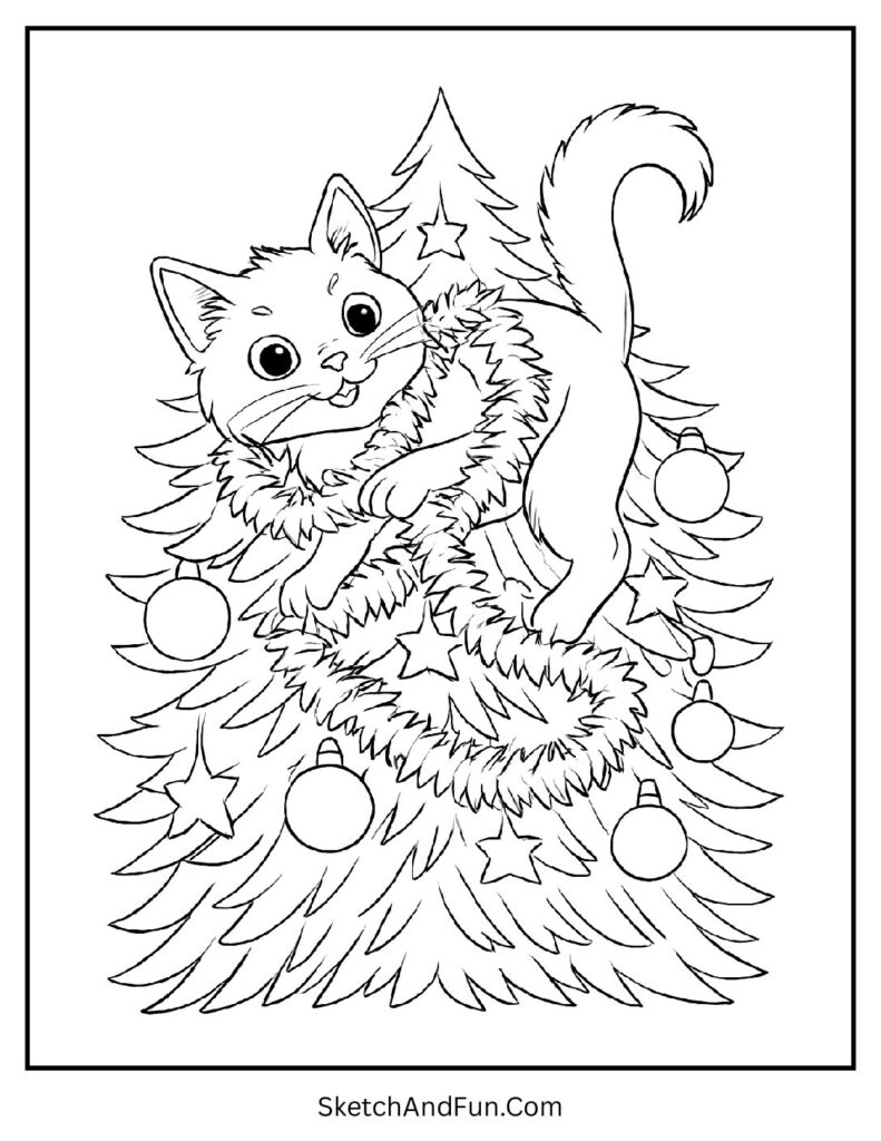 Kitten tangled in tinsel for christmas tree coloring page black and white.