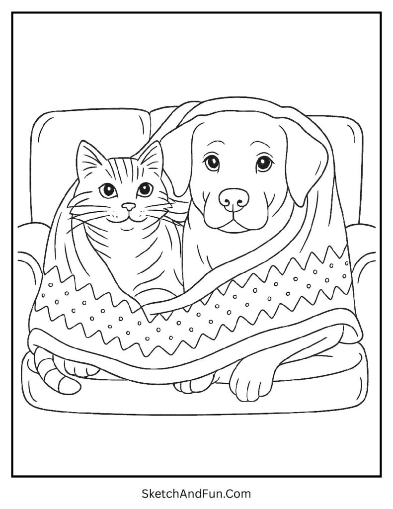 Cat and dog under blanket from cozy coloring pages home interior