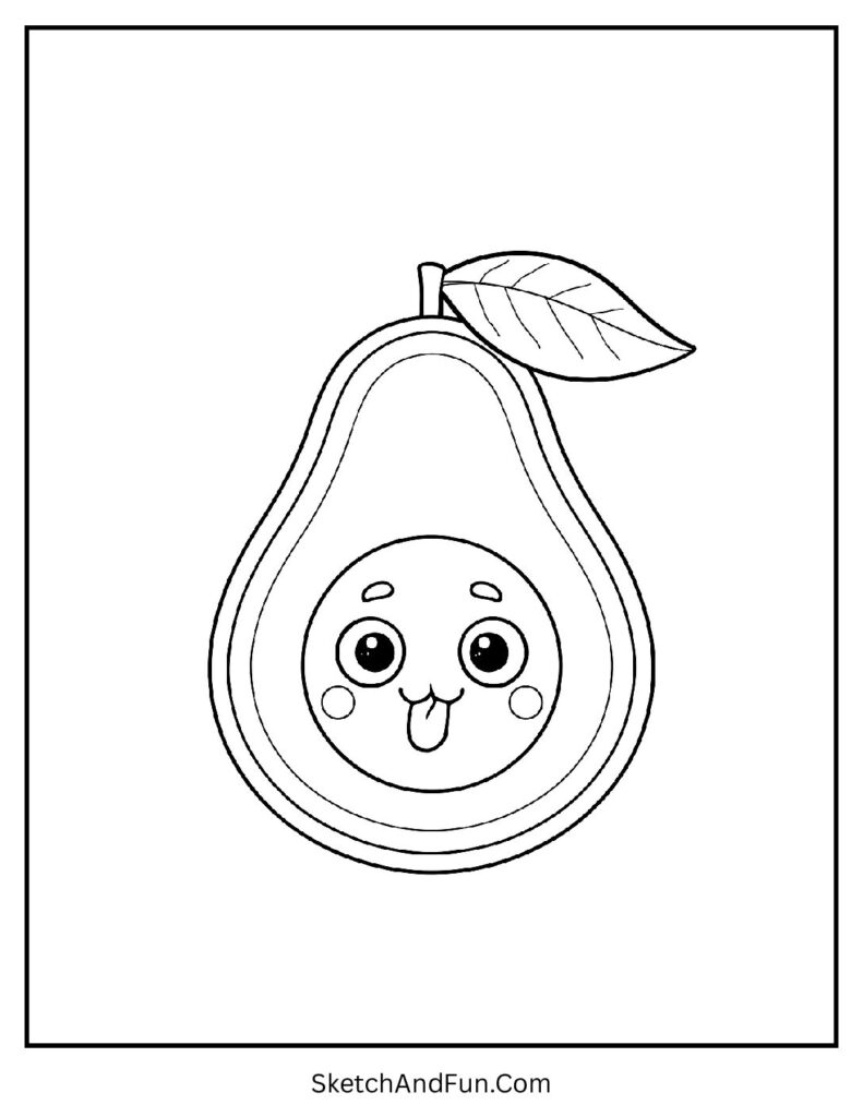 Cheeky avocado with seed face in kawaii coloring pages food for joy.