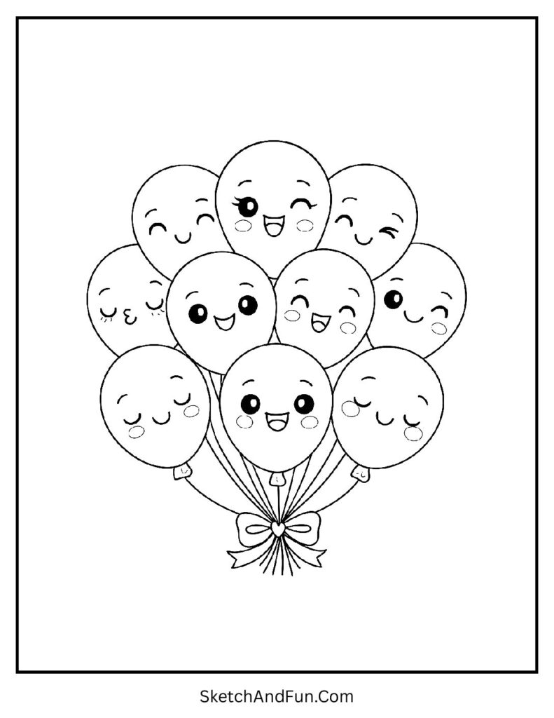 Cluster of colorful balloons in kawaii coloring pages for fun.