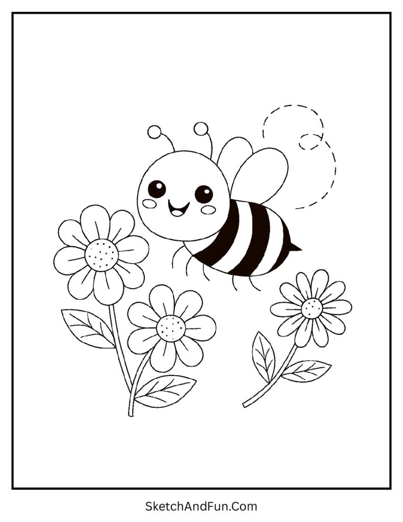 Little bee buzzing around flowers in kawaii coloring pages for sensory development.