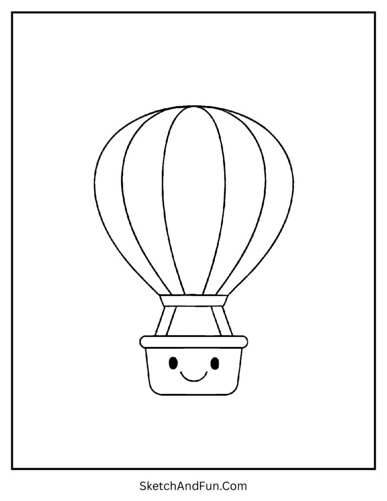 Hot air balloon with smiling basket in kawaii coloring pages for gross motor skills.