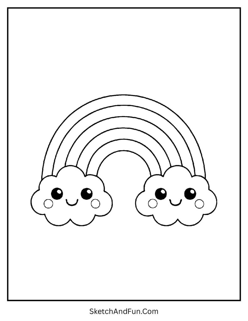 Rainbow with smiling clouds in kawaii coloring pages aesthetic full of joy.