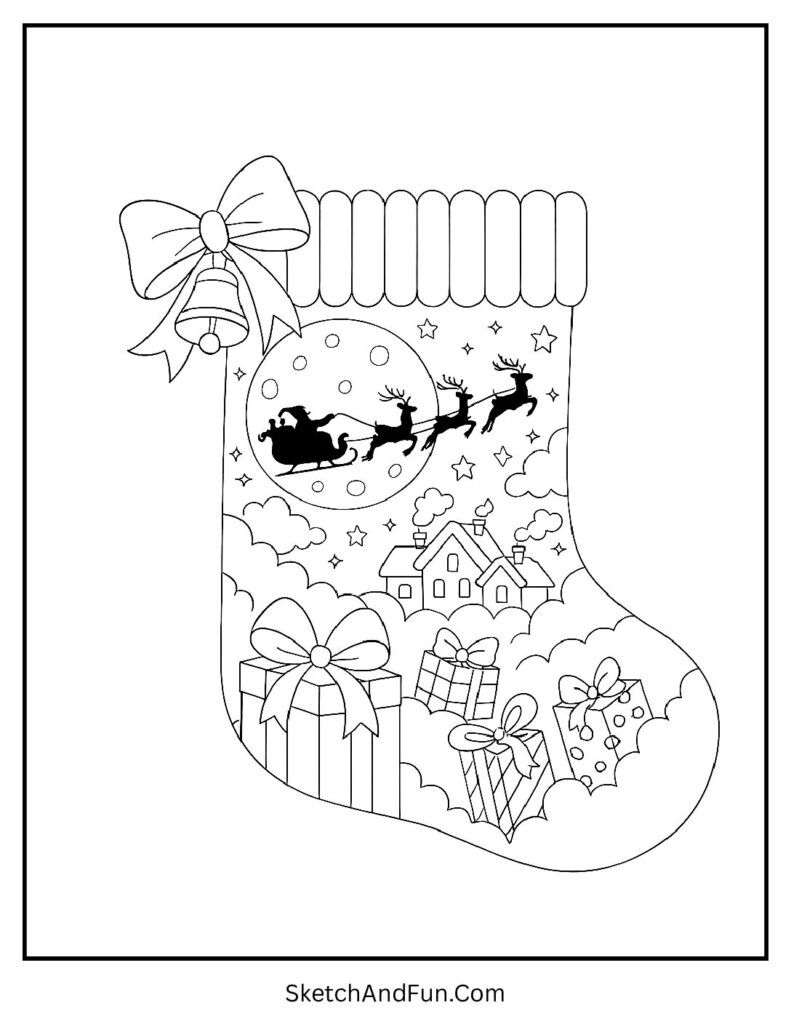 Christmas Eve Magic Stocking – Christmas stocking coloring pages with patterns showing Santa flying