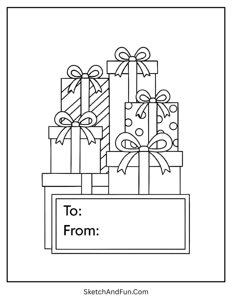 Christmas gift tag coloring pages and craft activity with presents.