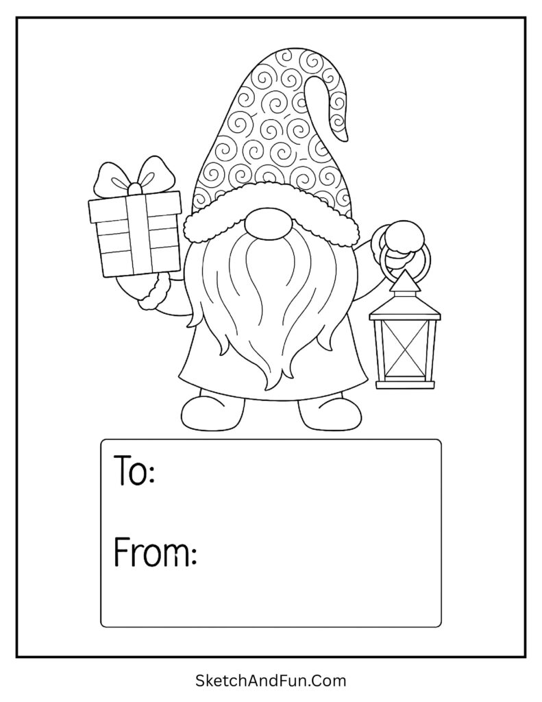 Christmas gift tag coloring pages pdf featuring festive gnome.