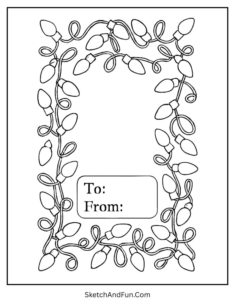 Printable Christmas gift tag colouring pages UK with light border.