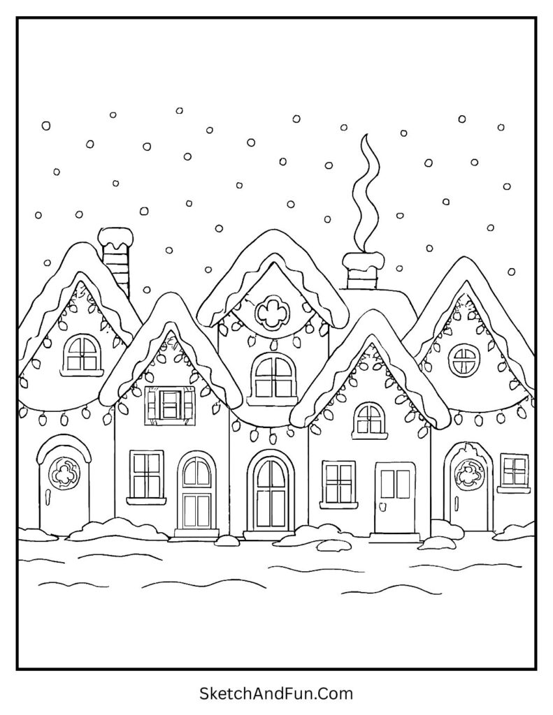 Cozy street with glowing lights for Christmas & winter coloring pages.