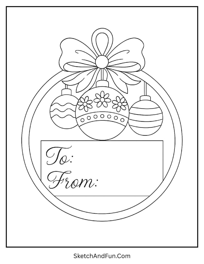 Black and white Christmas gift tag coloring pages with bauble design.